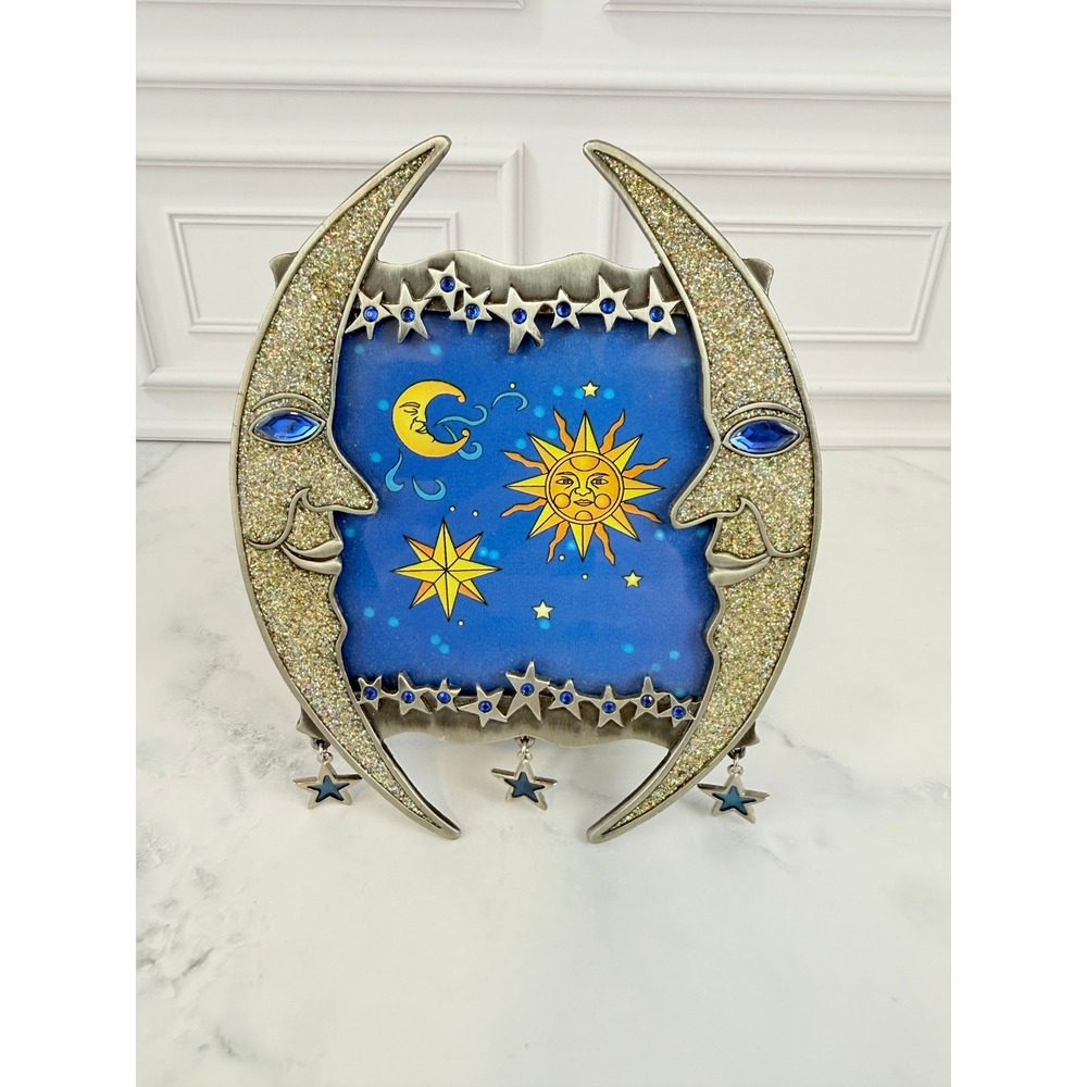VTG 1990s Celestial Metal Photo Frame Crescent Moons Gems Stars 4" X 4"